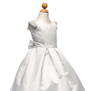 Girls White Satin Dress w/ Pearl Cap Sleeve (Size 8)
